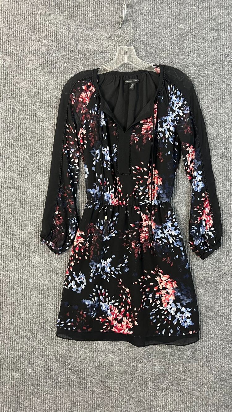 White House Black Market Dress Womens 00 Black Abstract Floral Tassels V Neck